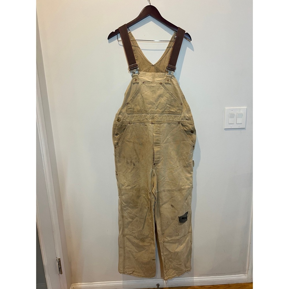 Vintage Carhartt Distressed Duck Canvas Bib Overalls Tan Thrashed Workwear Pant